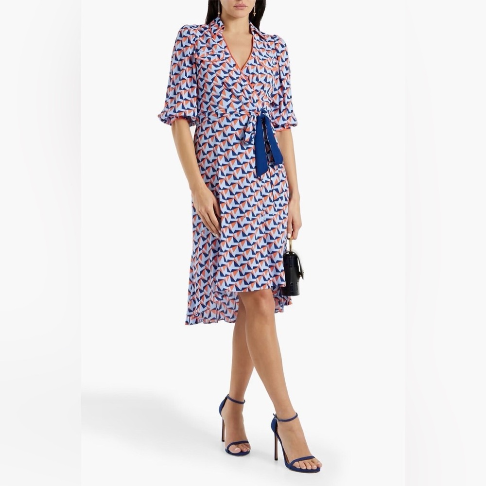 Diane Von Furstenberg Pink, Blue & White Geometric Wrap Midi Dress
